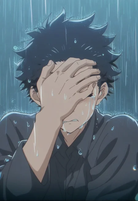 score_9, score_8_up, score_7_up, source_anime, rating_safe, Shoykoe, 1boy, male focus, anime screencap, closed eyes, crying, hand wiping tears, covering eyes, biting mouth, rain, not the extra finger T_T