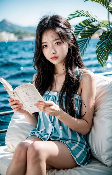 cinematic photo break. white wavy long hair,
A wonderful life, a relaxed atmosphere,Aegean Sea,sunny,a girl in love,reading books,pajama,smile,
<lora:Better_Pose:1> <lora:fluxenhancer:1> <lora:sparklycism:1>, <lora:Tangbohu_real_style_FLUX_type_A:1>, 35mm photograph, film, (bokeh:1.3), professional, 4k, highly detailed