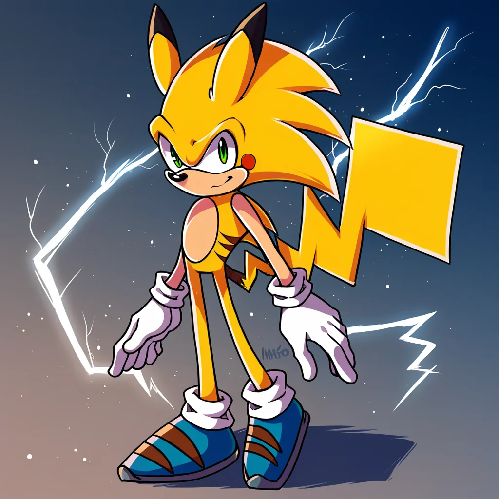 score_9_up, score_8_up, BREAK, Sonichu, 1boy, solo, furry, yellow fur, green eyes, tail, white gloves, blue footwear, lightning, light particles, gradient background, <lora:Sonichu_PXL_Leaf1:1>, looking at viewer,