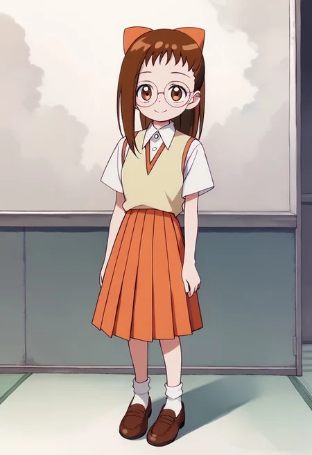 score_9, score_8_up, score_7_up BREAK Hazuki1, 1girl, brown hair, ponytail, brown eyes, glasses, orange bow, soft yellow waistcoat, short-sleeved collared white buttoned shirt, pleated orange skirt, socks, brown shoes, full body, smiling at viewer,