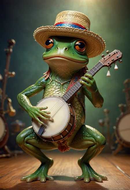 anthropomorphic frog wearing straw hat holding a banjo, playing-bango:1.2, intricate details, like-like, dramatic lighting, cinemascope, <lora:detailed_notrigger:0.777> <lora:DetailedEyes_V3:0.777> <lora:helios2:0.3> <lora:ral-colorswirl:0.3> ral-colorswirl <lora:FILM_PHOTOGRAPHY_STYLE:0.5> film photography style, light grain