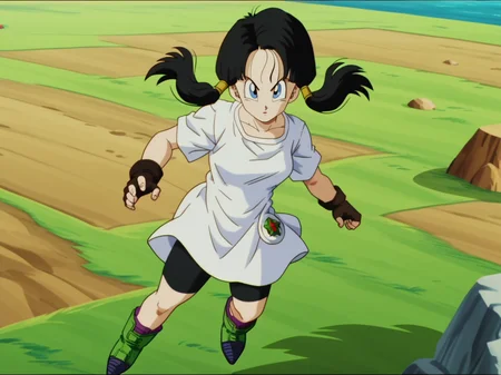 Videl, 1girl, pigtails, white shirt, bike shorts black hair, green boots fingerless gloves, floating, <lora:Videl-prodigy-7:0.8>, score_9, score_8, score_8, anime screencap, solo, portrait, looking at viewer, shadows, fighting pose