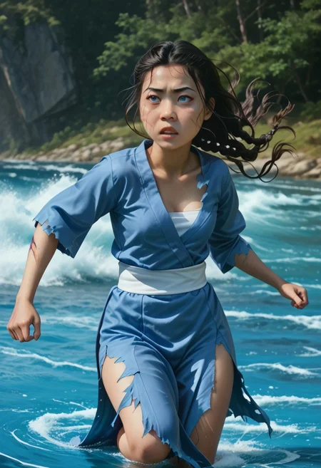 safe_pos, Expressive, score_6_up, score_7_up, score_8_up, score_9. Masterpiece, best quality, highly detailed, harmonious anatomy, (natural beauty:1.5), consistent details. Katara, arctic, fighting stance, martial arts attack position, on an iceberg, streams of water, single braid, flashing legs, flashing thighs, opened blue kimono, cleavage, flowing hair, action shot, wind in hair, skintight clothes, sash, pronounced female figure, exposed skin, flashing thighs, (torn clothes:1.2), [scar, blood, wounded], dynamic pose, dynamic view, perfect hands, [water around body], waterbanding, water banding, perfect face, blue eyes, dark skin, beautiful face.