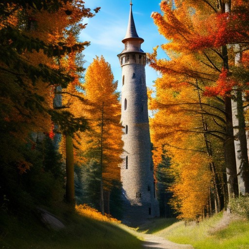 realistic analog photo, award winning photo, vary wide shot of stone witow tower:1.3, no humans, scenery, blue sky, auwo, in a autumn forest, dirt road, lush grassland, Wildflowers, nature, outdoors, RAW, highres, 8k, uhd, High Dynamic Range, tonemapping, crisp details,