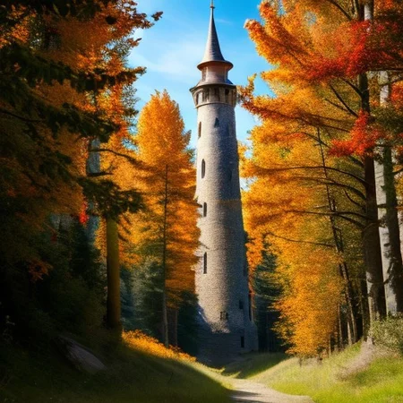 realistic analog photo, award winning photo, vary wide shot of stone witow tower:1.3, no humans, scenery, blue sky, auwo, in a autumn forest, dirt road, lush grassland, Wildflowers, nature, outdoors, RAW, highres, 8k, uhd, High Dynamic Range, tonemapping, crisp details,