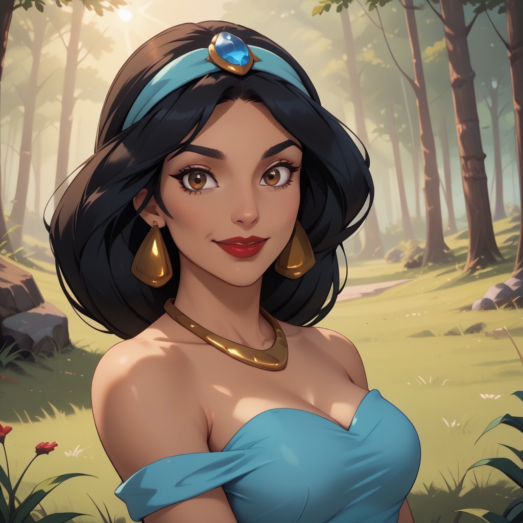 score_9, score_8, BREAK, solo, princess jasmine, 1girl, solo, arabian woman, brown skin, black hair, red lips, brown eyes, ponytail hair, turquoise headband with sapphire, golden earrings, golden necklace, sky blue bedlah top, sky blue matching salwar pants, sexy pose, self portrait, smile, outdoors, sunlight, shadows, evening lighting, natural lighting, forest, trees, grass, orange sky, sunset