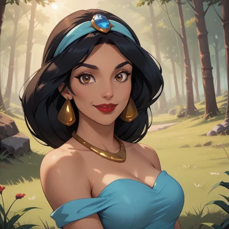 score_9, score_8, BREAK, solo, princess jasmine, 1girl, solo, arabian woman, brown skin, black hair, red lips, brown eyes, ponytail hair, turquoise headband with sapphire, golden earrings, golden necklace, sky blue bedlah top, sky blue matching salwar pants, sexy pose, self portrait, smile, outdoors, sunlight, shadows, evening lighting, natural lighting, forest, trees, grass, orange sky, sunset