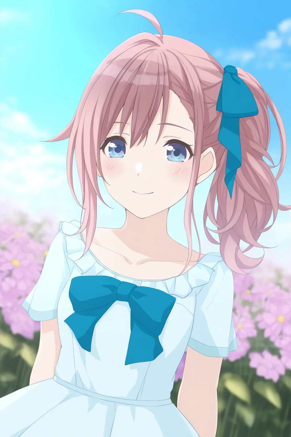 <lora:Shiny_Colors_Anime_Style:1>, shinycolors, 1girl, solo, pink hair, dress, flower, smile, looking at viewer, side ponytail, outdoors, bow, collarbone, short sleeves, ahoge, blush, closed mouth, blue bow, hair bow, pink flower, hair between eyes, blurry background, white dress, blurry, sidelocks, breasts, day, blue dress, long hair, ribbon, frills, blue ribbon