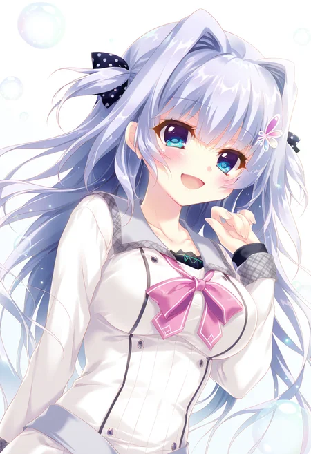 9-nine-, kousaka haruka, year 2023, 
1girl, :d, arm at side, black bow, blue eyes, blue hair, blush, bow, breasts, butterfly hair ornament, collarbone, dutch angle, eyelashes, floating hair, hair between eyes, hair bow, hair intakes, hair ornament, hand up, happy, large breasts, light blue hair, light particles, long hair, long sleeves, looking at viewer, open mouth, pink bow, polka dot, polka dot bow, school uniform, shirt, simple background, sleeves past wrists, smile, soap bubbles, solo, two side up, upper body, very long hair, white background, white shirt, 
best quality, amazing quality, very aesthetic, absurdres, <lora:haruka_noobxl11-v3:0.6>, <lora:ArtPainting:0.2>, <lora:nyalia:0.6>
