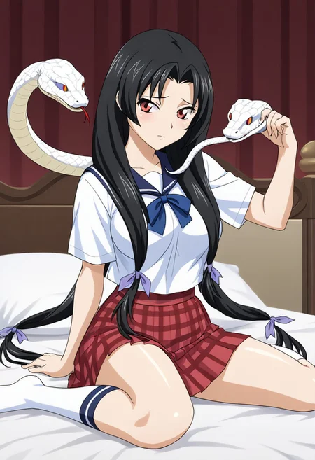 score_9, score_8_up, score_7_up, BREAK source_anime, masterpiece, anime screencap, shiny skin,
1girl, solo, kaku bunwa, long hair, black hair, twintails, red eyes, large breasts, hair ribbon, <lora:kaku_pony-000006:1>
school uniform, white shirt, red skirt, plaid skirt, socks,
sitting, blush, bed, sn4k3, snake, snake on shoulders, upper body