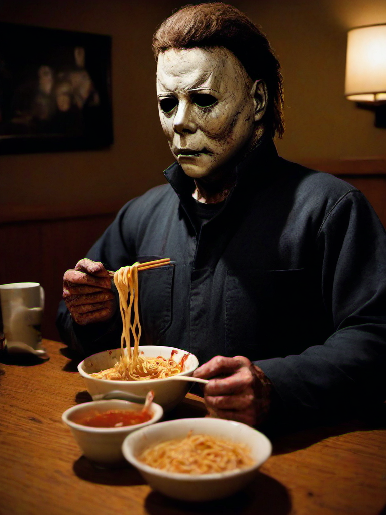 Masterpice,High Quality,
 <lora:PE_Michael Myers:0.8> PEMichaelMyers,
eating ramen,inside restaurant