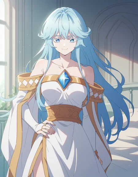 score_9, score_8_up, score_7_up, source_anime, <lora:elfaria-albis-serfort-s1-ponyxl-lora-nochekaiser:1>, elfaria albis serfort, long hair, blue hair, blue eyes, colored eyelashes, sidelocks, medium breasts,, dress, bare shoulders, collarbone, white dress, bridal gauntlets, gemstone, detached sleeves, off shoulder,, hospital room, bedside, get well flowers, comforting, quiet, smile, , smug, hand on hips,, solo,, cowboy shot, dutch angle