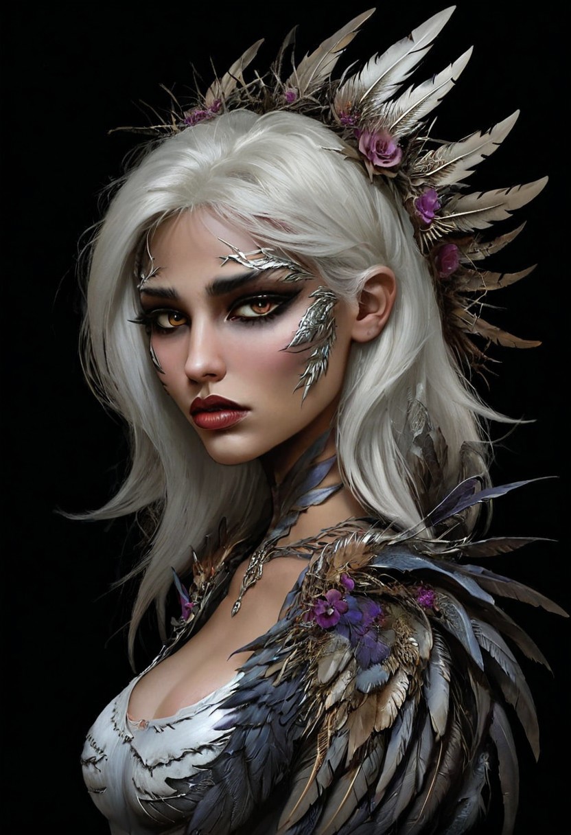 dark background and overhead studio light, made out of ral-dryflwrs, [ (stylized by Stephan Martinière:1.3) and Katia Chausheva::9], Painting, (Female of Pandora:1.2) ,score_9, score_8_up, score_7_up, solo, harpy, huge large breasts, 1girl, white hair, braids, (feathers, wings:1,3), bangs, ear wings, parted lips, full lips, half closed eye, half body, 1dk, fFaceDetail, Expressiveh,