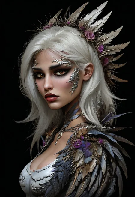 dark background and overhead studio light, made out of ral-dryflwrs, [ (stylized by Stephan Martinière:1.3) and Katia Chausheva::9], Painting, (Female of Pandora:1.2) ,score_9, score_8_up, score_7_up, solo, harpy, huge large breasts, 1girl, white hair, braids, (feathers, wings:1,3), bangs, ear wings, parted lips, full lips, half closed eye, half body, 1dk, fFaceDetail, Expressiveh,