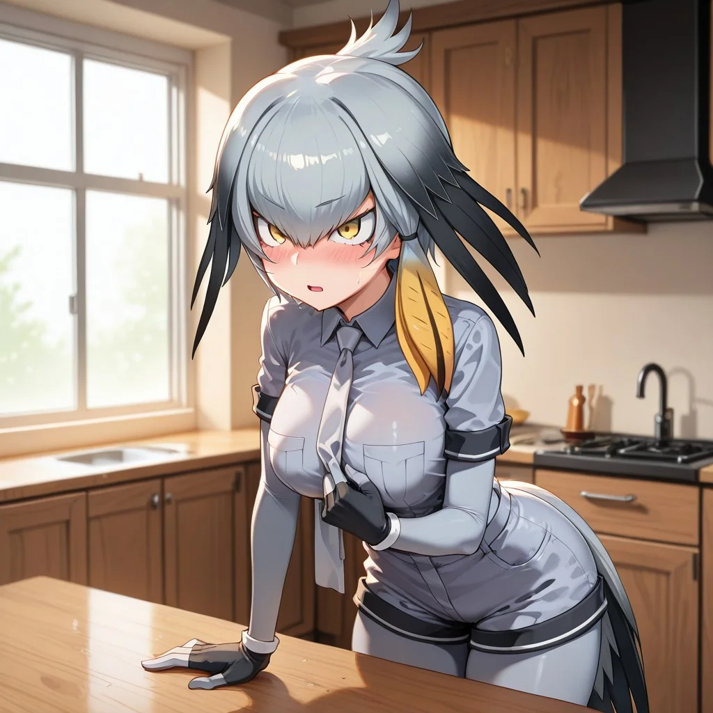 score_9, score_8_up, score_7_up, score_6_up, masterpiece, best quality, very aesthetic, absurdres, masterpiece, highest quality, best quality, 
(1girl, solo), 
shoebill (kemono friends), grey hair,sidelocks, yellow eyes, forehead:2, pushing bangs back, flipped up bangs, pulling viewer closer, sweating, blush, black hair,head wings,long hair, collared shirt, grey necktie, grey sleeves, gloves,shorts, grey stockings, 
lifting bangs with hand, cheerful, checking temperature parted lips, open mouth, leaning on counter, 
 BREAK 
front view, 
c0zym0dernkitch3n, modern kitchen, cozy kitchen, kitchenware, window, light wooden cabinets, wooden countertop, morning, sunshine, bright, warm lighting,  wooden dining table, wooden chairs,