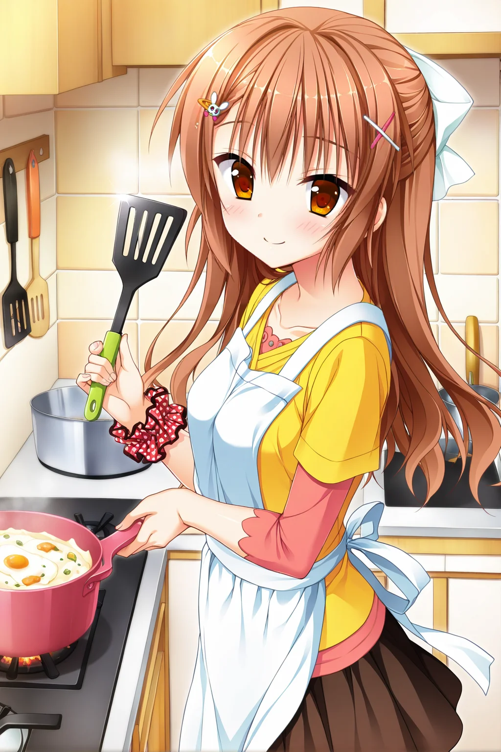 masterpiece,best quality,amazing quality,highres,scenery,newest,1girl,official style,nonoka,brown hair,hair ornament,long hair,hairclip,brown eyes,nonoka daily,daily skirt,suspenders,daily shirt,wrist scrunchie,yellow shirt,brown skirt,<lora:nonoka:1>,kitchen,upper body,cooking,holding spatula,from side,smile,looking at viewer,apron,