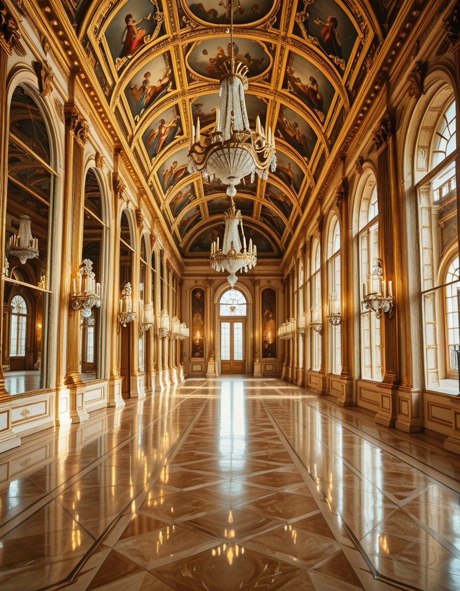 A breathtaking, photorealistic depiction of the Hall of Mirrors (Galerie des Glaces) at the Palace of Versailles in France, captured in golden afternoon light. The hall is grand and opulent, with a high arched ceiling painted with intricate Baroque frescoes. The walls are lined with tall arched mirrors on one side and large arched windows on the opposite side, flooding the space with natural light. Elegant crystal chandeliers hang from the ceiling, reflecting in the mirrors and sparkling with golden highlights. The marble floors are polished and gleaming, with rich, warm tones. Gilded statues and decorative elements frame the mirrors and doorways. The image style is ultra-detailed and photorealistic, with sharp textures and soft, warm lighting creating a majestic, timeless atmosphere. No people present, only the serene magnificence of the empty hall. Camera angle at eye level, centered down the hall, capturing the full length and symmetry of the space.
<lora:SDXLFaeTastic2400:0.4> <lora:extremely_detailed:0.4> extremely detailed,Hall of M1rr0rs, <lora:Hall_of_M1rr0rs-i:1>, Masterpiece,best quality,hi res,8k,hi res,8k,award winning,(sharp focus, intricate, highly detailed),
