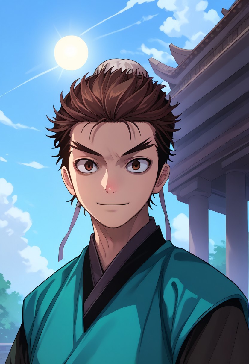 score_9, score_7_up, source_anime, 
mokyoo, 1boy, male focus, solo, brown eyes, brown hair, hair bun, single hair bun, chinese clothes, robe, green robe, shirt, brown shirt, long sleeves, light smile, day, 
outdoor, japan, temple, sky, sun, clouds, portrait,
