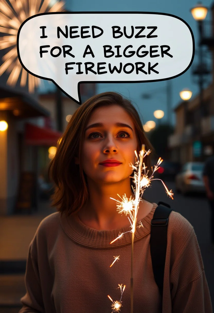25 years old female, lightning small crackers, speak bubble above her head that says "I NEED BUZZ FOR A BIGGER FIREWORK", street, small fireworks,