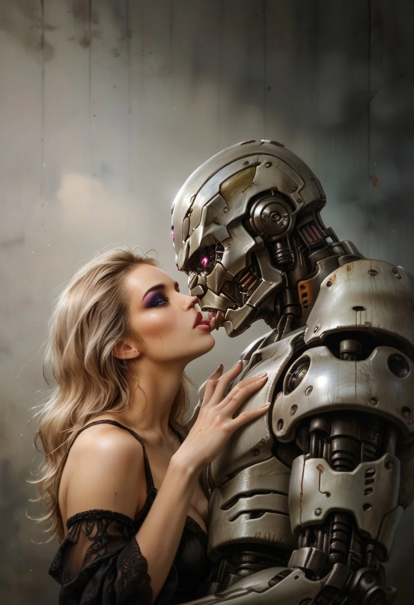 score_9, score_8_up, score_7_up, score_6_up, semi-realistic, (1girl), (1boy).
MonsterLove, male robot, blondie girl with sexy makeup.
kiss.