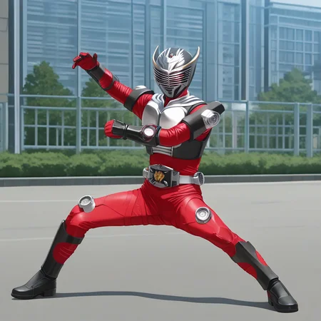 masterpiece, best quality, ultra-detailed, absurdres, newest, 2d, anime_screencap, krryuki, robot, solo, kruki helmet, kruki armor, kruki red bodysuit, kruki belt, kruki black gloves, kruki boots, ryukifinalvent, dynamic pose, legs apart, outdoors, urban