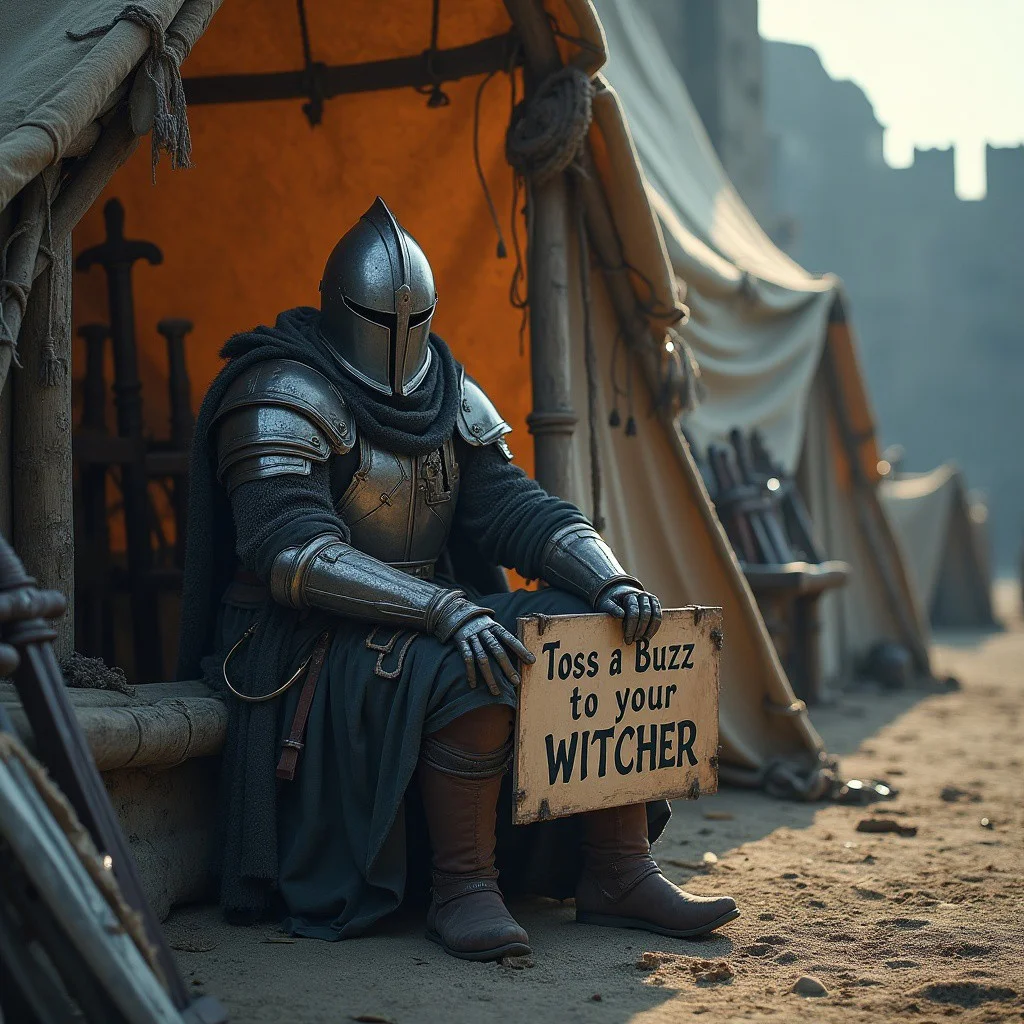 A merchant wearing medieval fantasy armor, he is sitting in front of a cloth and fur tent outside of a large fantasy city wall, in the tent are swords and blades for sale, holding sign with text that reads "Toss a Buzz to your Witcher", high resolution, highly detailed, photorealistic, cinematic/ detailed digital hyper realistic intricate details, HDR, beautifully shot, hyper realistic, sharp focus, 64 megapixels, perfect composition, high contrast, cinematic, atmospheric, moody