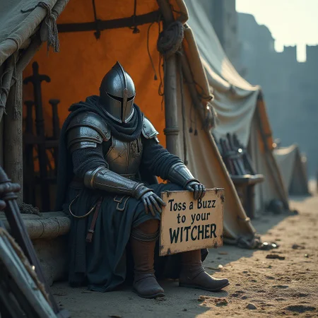 A merchant wearing medieval fantasy armor, he is sitting in front of a cloth and fur tent outside of a large fantasy city wall, in the tent are swords and blades for sale, holding sign with text that reads "Toss a Buzz to your Witcher", high resolution, highly detailed, photorealistic, cinematic/ detailed digital hyper realistic intricate details, HDR, beautifully shot, hyper realistic, sharp focus, 64 megapixels, perfect composition, high contrast, cinematic, atmospheric, moody