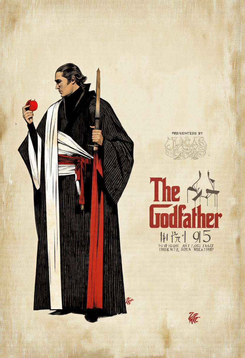 Cinematic photo. A minimalist movie poster for "The Godfather" directed by Lucas Theatre, featuring a stylized illustration of a man in a black and white striped robe, holding a red apple in his right hand, positioned in the middle of the image. the man, who appears to be in his mid-twenties, has long, dark hair and a stern expression. he is standing in a dramatic pose, with his left arm raised and his right arm holding a sword. the background is a beige, textured surface with a subtle gradient, giving the poster a vintage feel. the text on the poster reads "The godfather, part 95, part 96, part 93, presented by the Lucas Theatre." the overall design is reminiscent of classic movie posters, with bold lines and a minimalist aesthetic, making it a visually striking piece of art.