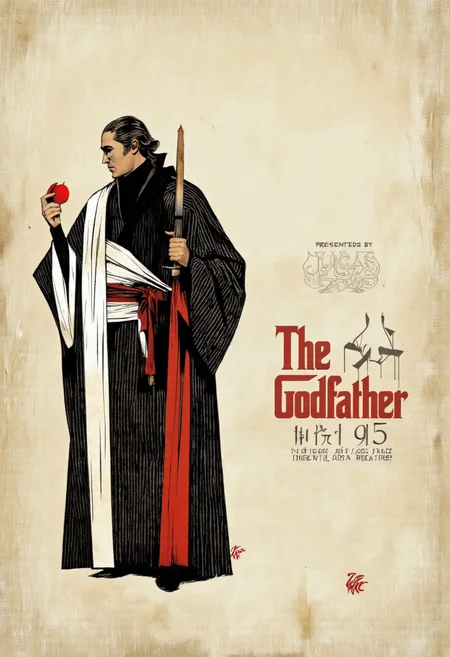 Cinematic photo. A minimalist movie poster for "The Godfather" directed by Lucas Theatre, featuring a stylized illustration of a man in a black and white striped robe, holding a red apple in his right hand, positioned in the middle of the image. the man, who appears to be in his mid-twenties, has long, dark hair and a stern expression. he is standing in a dramatic pose, with his left arm raised and his right arm holding a sword. the background is a beige, textured surface with a subtle gradient, giving the poster a vintage feel. the text on the poster reads "The godfather, part 95, part 96, part 93, presented by the Lucas Theatre." the overall design is reminiscent of classic movie posters, with bold lines and a minimalist aesthetic, making it a visually striking piece of art.