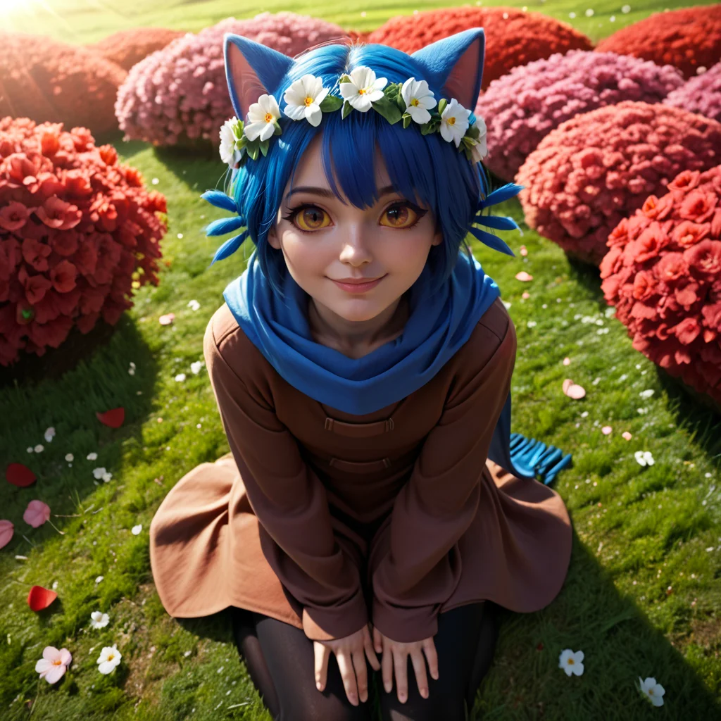 1girl,solo focus,from above,<lora:niko:1>,niko \(oneshot\),slit pupils,cat eyes,yellow sclera,head wreath,blue cat ears,blue scarf,brown dress,sleeves past fingers,black legwear,hands on own knees,
sitting,on ground,flower field,looking at viewer,looking up,smile,garden,falling petals,day,sunlight,, score_9, score_8_up, score_7_up, perfect anatomy, source_anime, zPDXL2,