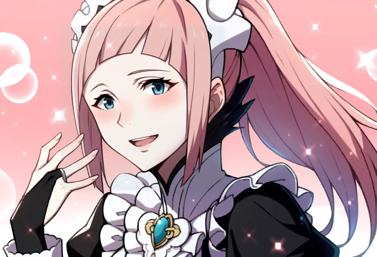 score_9, score_8_up, score_7_up, source_anime, BREAK, solo, 1girl, smile, looking at viewer, <lora:FEA-S-Rank-pdxl_Fp:1>, pink background, sparkle, bubble, <lora:felicia-fe-richy-v2_pdxl:0.8>, flcdf, blue eyes, pink hair, long hair, ponytail, maid headdress, black feathered collar, blue brooch, breasts, maid, juliet sleeves, maid apron, bridal gauntlets, blush, open mouth,