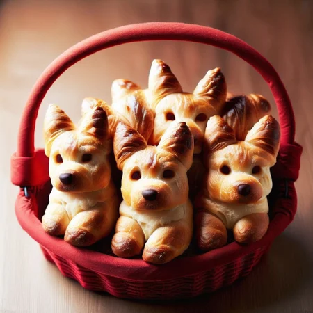 4 loaves of croissants in the shape of corgi, in a red and white basket