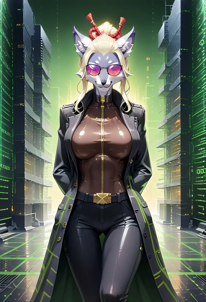 score_10 , score_9_up, score_8_up, score_7_up , score_6_up, vibrant colors, shiny_skin , prefect lighting, detailed image, snoozing , masterpiece , best quality , highly detailed , ultra quality , BREAK , ((codeandigital,matrix, matrix codes,digital world, digital, science fiction , green theme)) ,
1girl , solo , hakuroonmyoji , furry wolf girl , big breasts , curvy , thicc , cute ,, detailed face ,, Black shirt , sunglasses, belt, pants, long coat, trench coat, black coat, black pants ,
city , skyscraper , holographic , building, sciencefiction ,
detailed background , cinematic composition , dynamic pose , Standing , hands behind back ,
<lora:xl_more_art-full_v1:1.5> ,