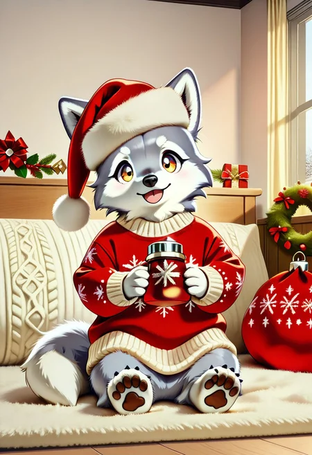 animal christmas,  Masterpiece, <lora:add-detail-xl:2>, anthropomorphic wolf, christmas, Santa Hat, wearing sweater, room, cozy, sitting, holding up of cocoa, no humans