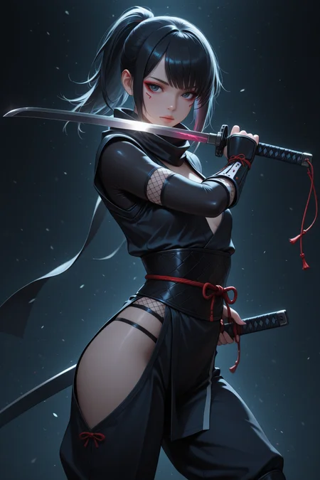 lazypos, 1girl, solo, small breasts, (ninja:1.2), dark clothes, backlighting, cowboy shot, holding katana, weapon focus, reflection on blade, night, dynamic pose, intense, abstract background, act, cyberpunk, neon <lora:TrendCraft_The_Peoples_Style_Detailer-v2.1A-3_12_2025-JANKU:0.2>