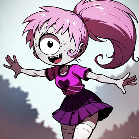 score_9, score_8_up, score_7_up BREAK SimoneP, 1girl, pink hair, ponytail, black eye, one-eyed, cyclops, freckles, fangs, short-sleeve pink shirt, pleated purple skirt, white stockings, open mouth smile, cowboy shot,