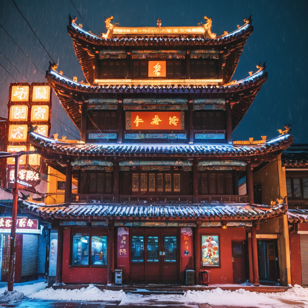 4k,realistic,photograph,analog film photo Deep photo,ferrania p30 film,Kodachrome,grainy,chinese style,night,
a beautiful cyberpunk  building in a cyberpunk  street,neo light,colorful,bloom,heavy snow,lightning,
east asian architecture,<lora:east_asian_architecture:0.7>,