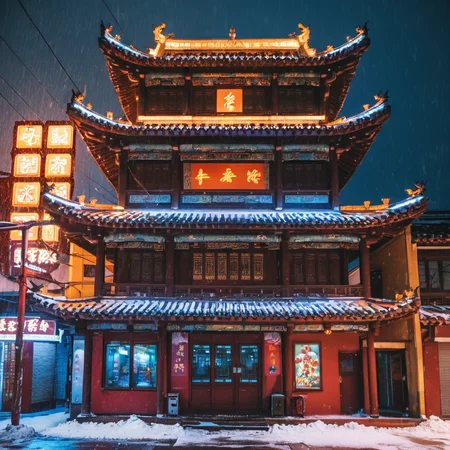 4k,realistic,photograph,analog film photo Deep photo,ferrania p30 film,Kodachrome,grainy,chinese style,night,
a beautiful cyberpunk building in a cyberpunk street,neo light,colorful,bloom,heavy snow,lightning,
east asian architecture,<lora:east_asian_architecture:0.7>,
