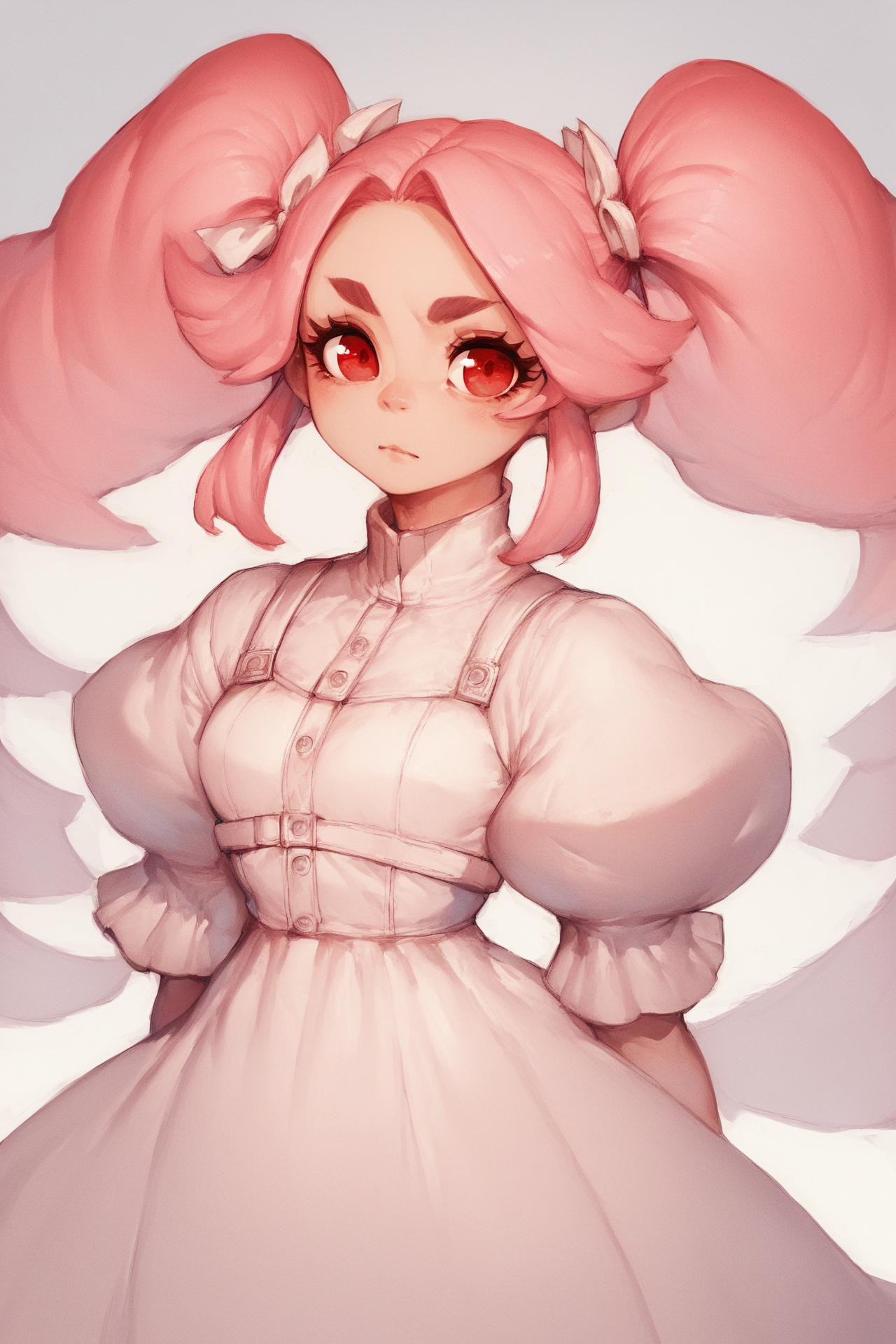 score_9, score_8_up, score_7_up, score_6_up, 1girl, twintails, pink hair, white dress, red eyes, <lora:Fumio_style:1>
