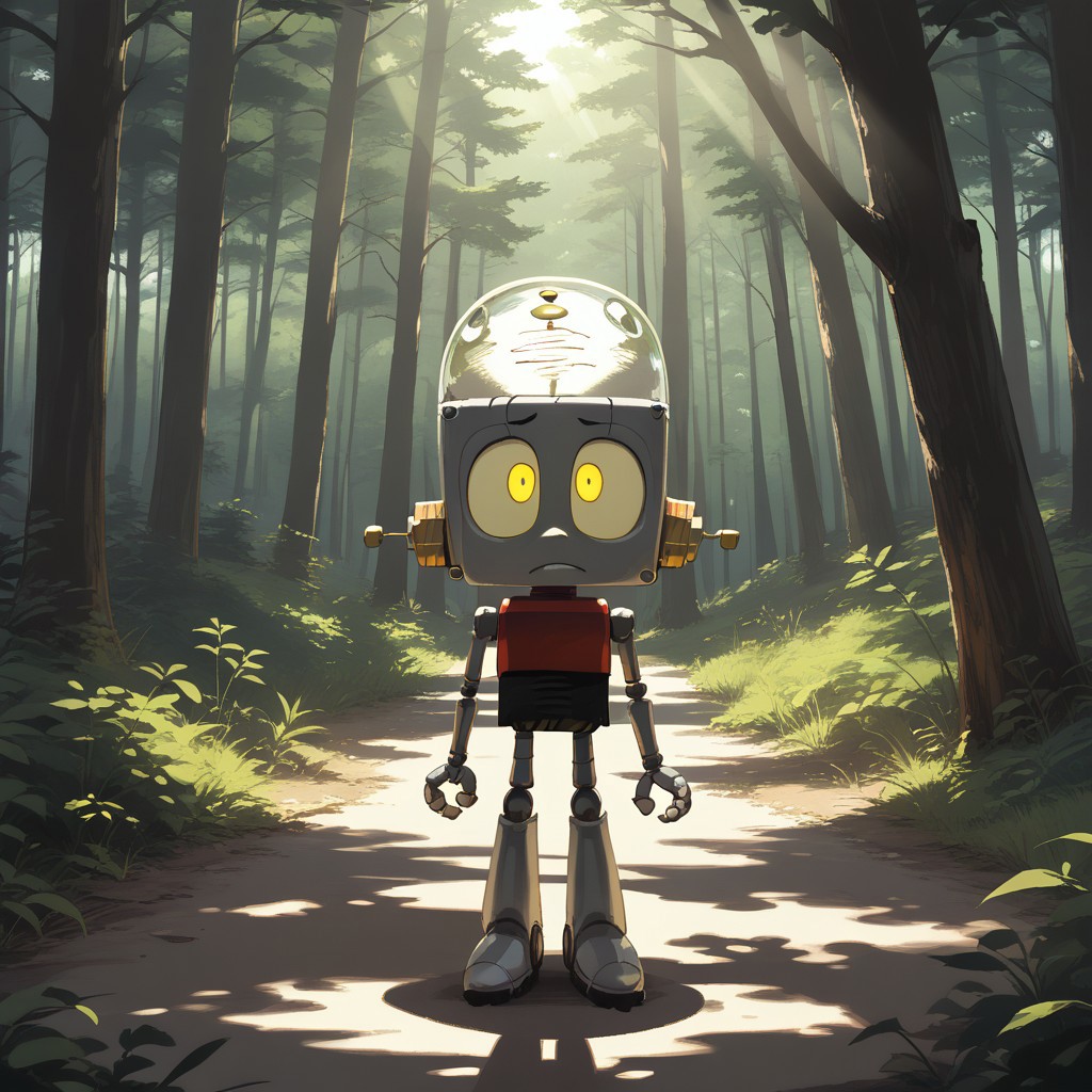 score_9, score_8, score_7, break, solo, robot_whtrj, robot, yellow eyes, forest, trees, sunlight, shadow, natural lighting
