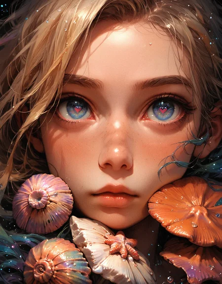 score_9, score_8_up, score_7_up, score_6_up, score_5_up, score_4_up,  girl and a seashell, rainbow seashell, girl has blonde hair and blue eyes, pink heart, small eyes, galaxy, black background