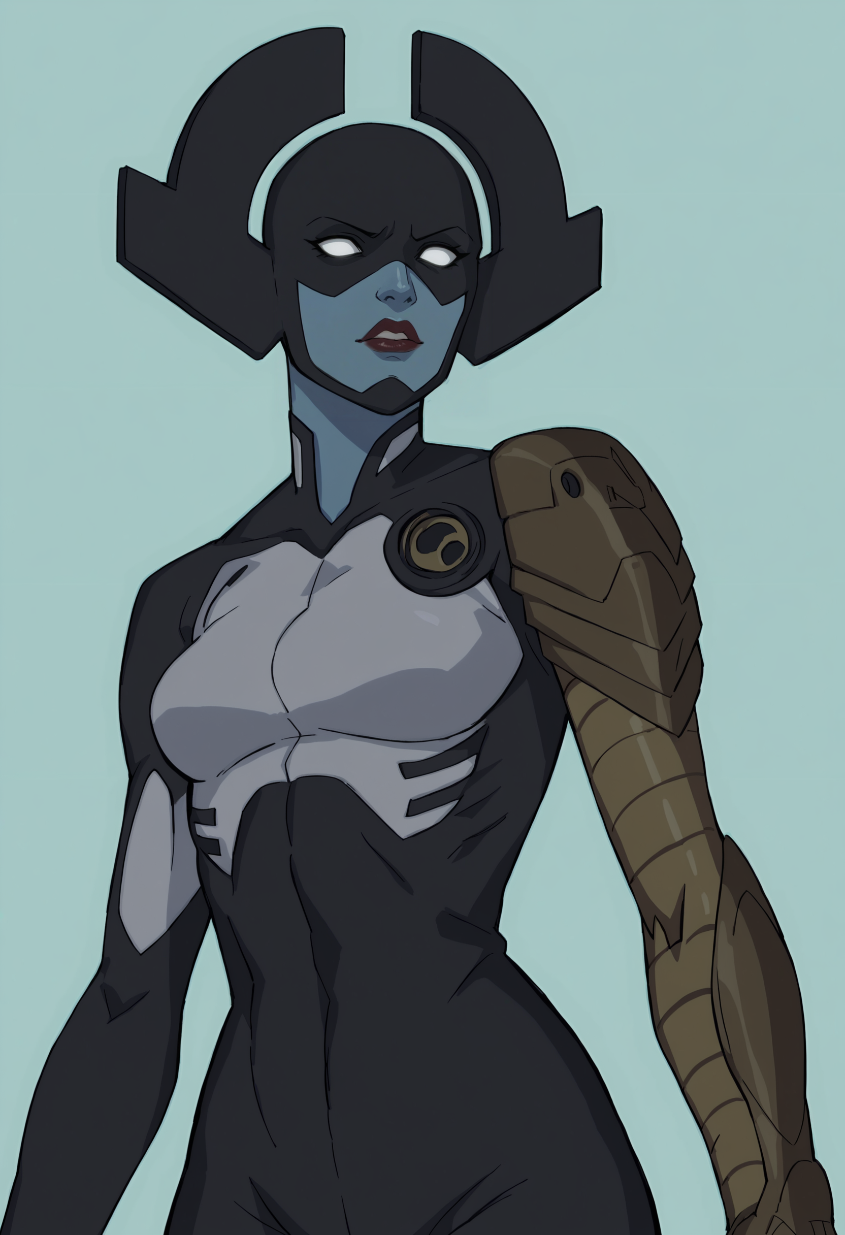 score_9, score_8_up, score_7_up, score_6_up, score_5_up, score_4_up, 1girl, <lora:ProximaMidnight:0.85> breasts, white eyes, colored skin, blue skin, mask, bodysuit, black bodysuit, robot arm, lipstick,
(light blue background), simple background,