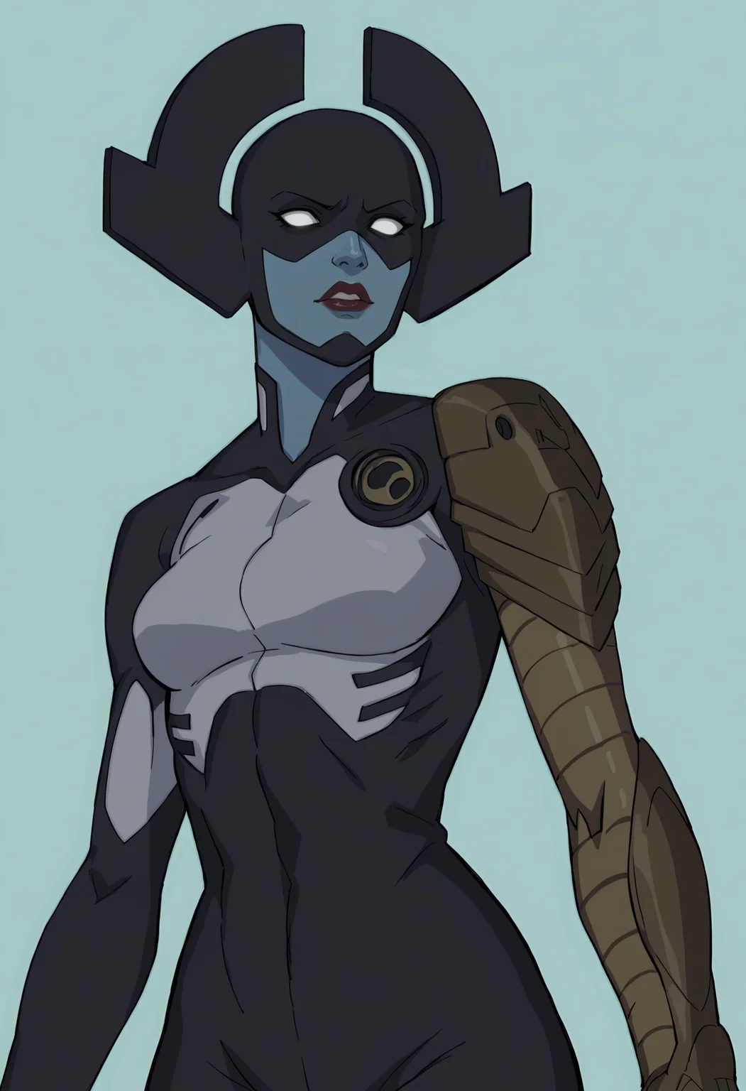 score_9, score_8_up, score_7_up, score_6_up, score_5_up, score_4_up, 1girl, <lora:ProximaMidnight:0.85> breasts, white eyes, colored skin, blue skin, mask, bodysuit, black bodysuit, robot arm, lipstick,
(light blue background), simple background,