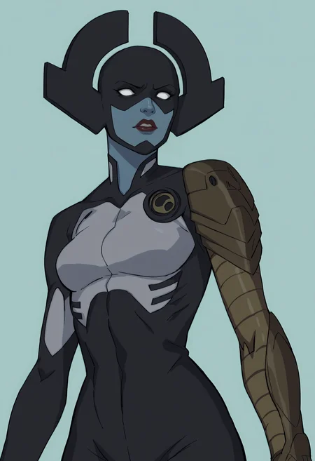 score_9, score_8_up, score_7_up, score_6_up, score_5_up, score_4_up, 1girl, <lora:ProximaMidnight:0.85> breasts, white eyes, colored skin, blue skin, mask, bodysuit, black bodysuit, robot arm, lipstick,
(light blue background), simple background,