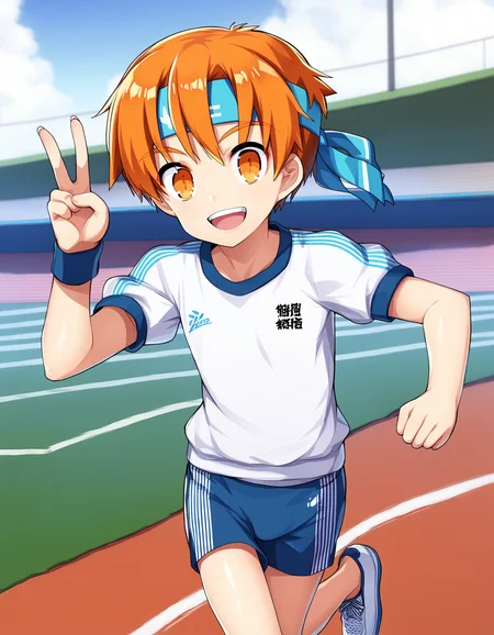 score_6, score_6_up, source_anime, outdoors, track and field, 1boy, solo, orange hair, orange eyes, smile, gym uniform, gym shirt, gym shorts, ribbon headband, running, peace sign <lora:rukiruki_AMXL_v1e-ShoAI:1>