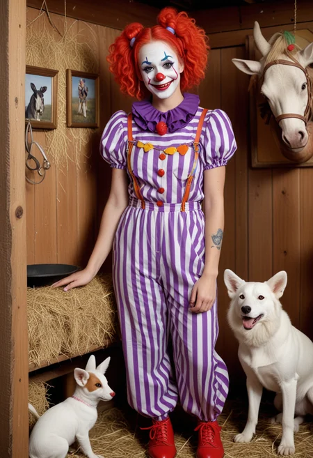 (medium full shot) of  (desirable clown) young woman, red plastic nose, white face paint, hair with oversized ears,  wearing a purple  striped shirt,colorful jumpsuit,oversized clown shoes, flower that squirts water, rainbow face paint, set in  circus, Animal Trainer's Den, Rustic corner with bales of hay for seating, a feeding trough filled with treats for the animals, a collection of whips and training tools hanging on hooks, a cozy nook for the animals to rest, a framed photo of the trainer with their prized animal, woman smiling at the viewer, Masterpiece,best quality, photo, realistic, very aesthetic, detailed face,