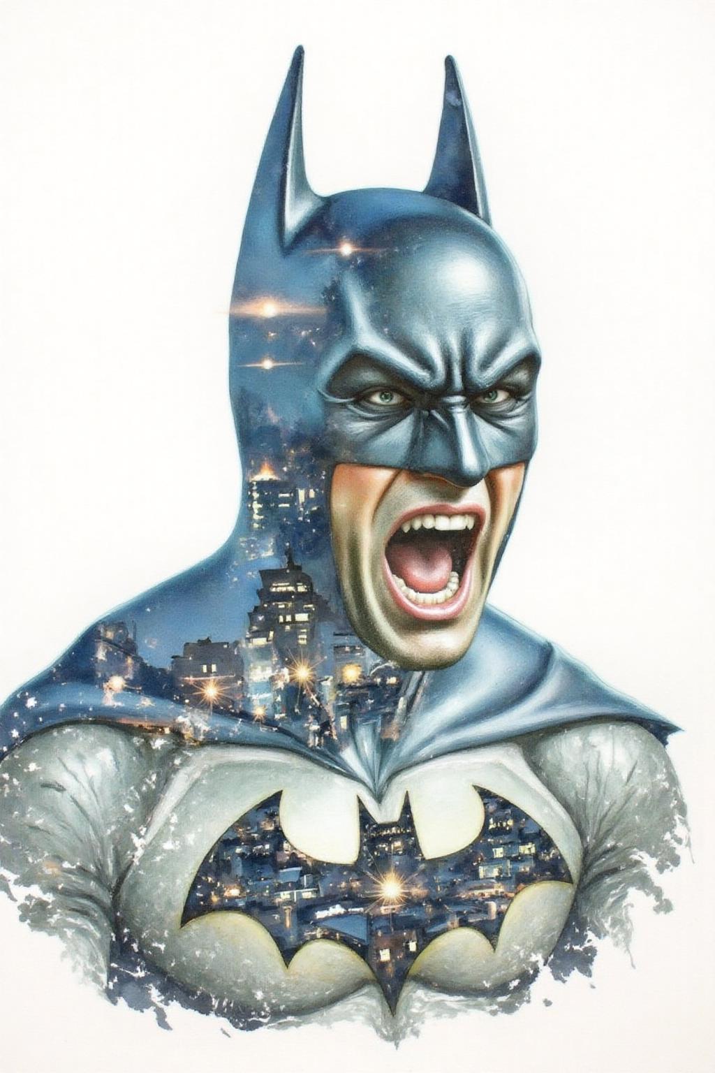 Portrait painting. Batman shouting angrily, with his face blended seamless with Gothan City at night. The background is stark white. <lora:doubleexpopainting1_cap_d6a3e13:1.0><lora:850320257271791227:0>