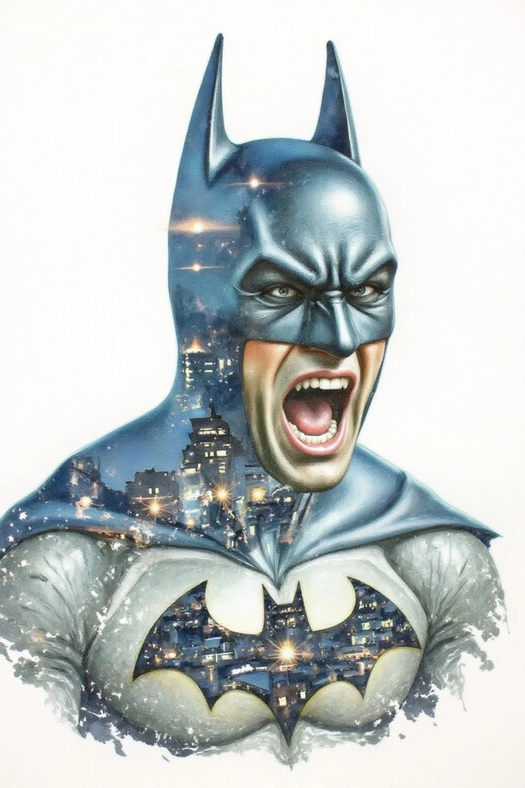 Portrait painting. Batman shouting angrily, with his face blended seamless with Gothan City at night. The background is stark white. <lora:doubleexpopainting1_cap_d6a3e13:1.0><lora:850320257271791227:0>