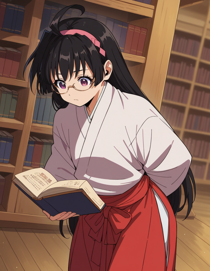 score_9, score_8_up, score_7_up, source_anime, <lora:ayako-mochizuki-s1-ponyxl-lora-nochekaiser:1>, ayako mochizuki, long hair, black hair, purple eyes, ahoge, hairband,, skirt, japanese clothes, hakama, miko, red hakama,, library, reading books, glasses, quiet, focused, shelves of books, , , hands behind back, bent over,, solo,, cowboy shot, dutch angle