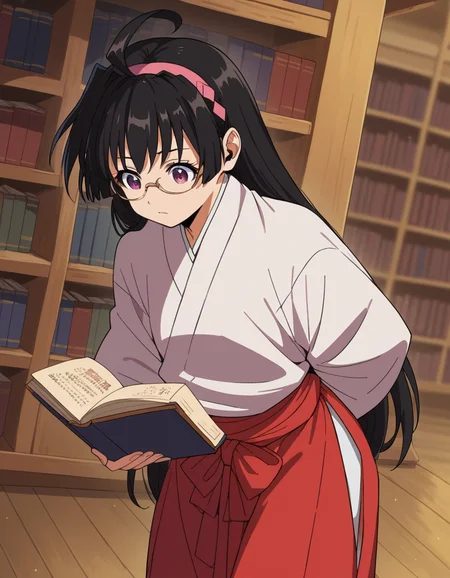 score_9, score_8_up, score_7_up, source_anime, <lora:ayako-mochizuki-s1-ponyxl-lora-nochekaiser:1>, ayako mochizuki, long hair, black hair, purple eyes, ahoge, hairband,, skirt, japanese clothes, hakama, miko, red hakama,, library, reading books, glasses, quiet, focused, shelves of books, , , hands behind back, bent over,, solo,, cowboy shot, dutch angle